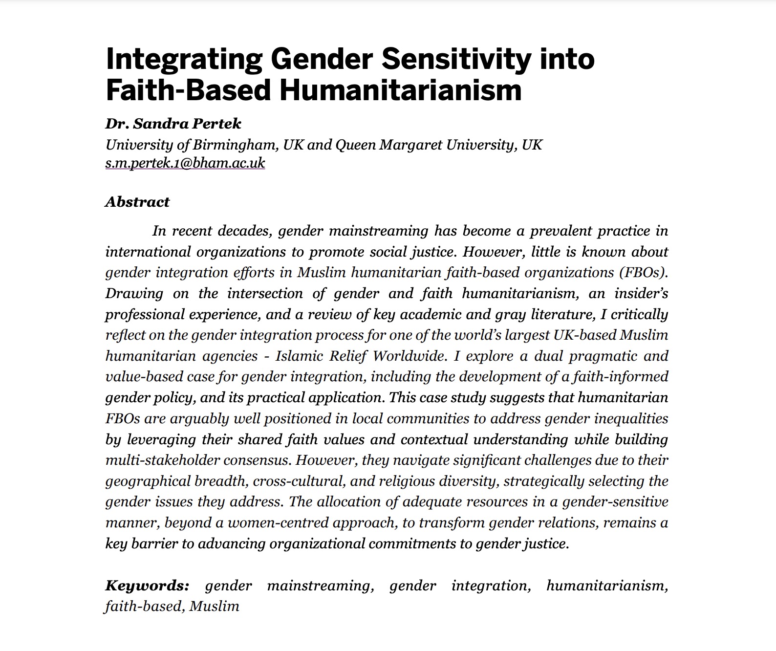 Gender mainstreaming in faith-based humanitarian organisations.